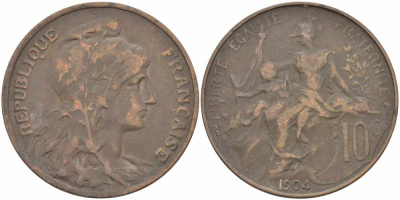 ФРАНЦИЯ 10 САНТИМОВ 1904 ТИП ДАНИЭЛЬ ДЮПЮИ KM 843, LA FRANC 136.14 бронза 109-215