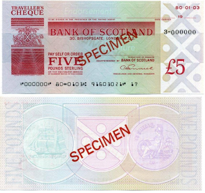 АНГЛИЯ ДОРОЖНЫЙ ЧЕК НА 5 ФУНТОВ БАНКА ШОТЛАНДИИ (ЛОНДОН, BISHOPSGATE 30), SPECIMEN бумага UNC (ПРЕСС) 6280-19-2-1