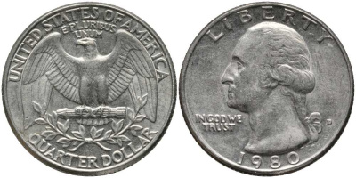 США 25 центов (квотер) 1980 D, Вашингтон KM А164а медь плакированная медно-никелем 113-516