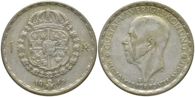Швеция 1 крона 1942 G, Густав V (1907-1950) KM 814 серебро 202-524