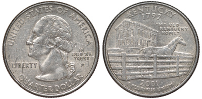 США 25 центов = квотер 2001 Р, серия штаты США, Кентукки KM 322 медь плакированная медно-никелем 4539-346