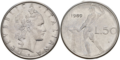 Италия 50 лир 1989 R, бог Вулкан у наковальни KM 95.1 нержавеющая сталь 4156-746