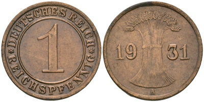 Германия 1 рейхспфенниг 1931 A KM 37, J. 313 бронза 4189-1139