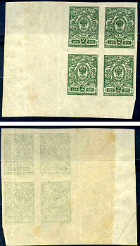 Россия квартблок, марка с номиналом 2 копейки 1917 Загорский 141b типография 8705-51-2-2