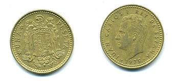 Испания 1 песета 1975 (78) Хуан Карлос I (1975-2014) KM 806 алюминиевая бронза 54-519