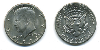 США 1/2 доллара (50 центов) 1972 Джон Кеннеди KM 202b медь плакированная медно-никелем UNC 35-621