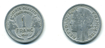 ФРАНЦИЯ 1 ФРАНК 1941 ТИП MORLON, LEGERE KM 885a.1, LE FRANC 221.2 алюминий 84-445