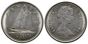 Канада 10 центов 1983 Елизавета II (1953- ), парусник KM 77.2 никель 179-1051
