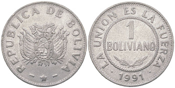 Боливия 1 боливиано 1991 KM 205 нержавеющая сталь 4364-413