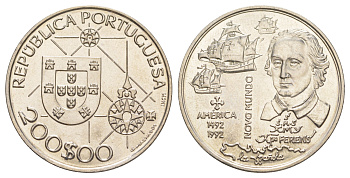 Португалия 200 эскудо 1992 Новый мир - Америка KM 660 медно-никель UNC 1101-5-51