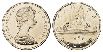 Канада 1 доллар 1969 Елизавета II (1952-2022), каноэ KM 76.1 никель PROOF-LIKE (BU) 413-4914