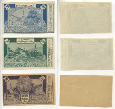 Австрия набор из 3 банкнот 1921 30 августа 1921, нотгельд, 20, 30, 50 геллеров, ST. GEORGEN am WALD   бумага  XF 7555-3-4-2