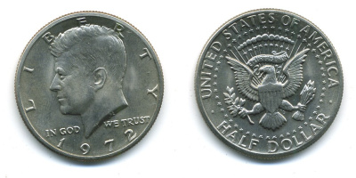 США 1/2 доллара (50 центов) 1972 Джон Кеннеди KM 202b медь плакированная медно-никелем UNC 35-621