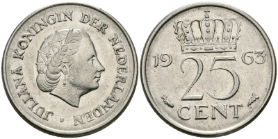 НИДЕРЛАНДЫ 25 ЦЕНТОВ 1963 ЮЛИАНА KM 183 никель 96-154