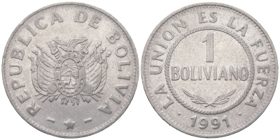 Боливия 1 боливиано 1991 KM 205 нержавеющая сталь 4364-413