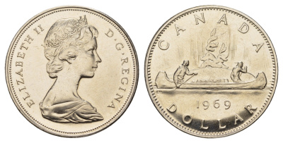 Канада 1 доллар 1969 Елизавета II (1952-2022), каноэ KM 76.1 никель PROOF-LIKE (BU) 413-4914