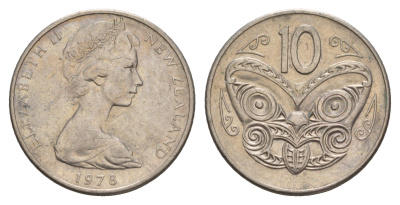 Новая Зеландия 10 центов 1978 Елизавета II (1952-2022), маска маори KM 41.1 медно-никель 4657-131