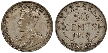Ньюфаундленд 50 центов 1919 С, Георг V (1910-1936) KM 12 серебро    4044-923