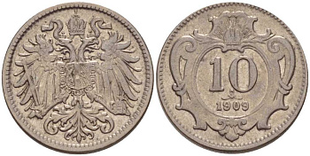 АВСТРИЯ 10 ГЕЛЛЕРОВ 1909 АВСТРО-ВЕНГЕРСКАЯ ИМПЕРИЯ KM 2802 никель 201-344
