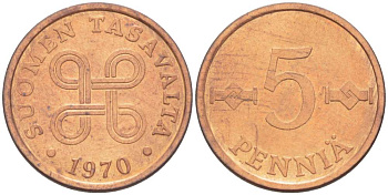 Финляндия 5 пенни 1970 KM 45 медь 4519-557