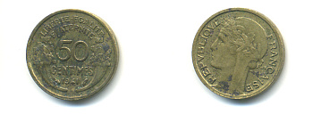 ФРАНЦИЯ 50 САНТИМОВ 1941 ТИП MORLON KM 894.1, LE FRANC 192.18 алюминиевая бронза 86-1743