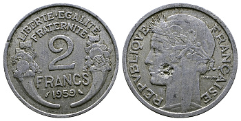 ФРАНЦИЯ 2 ФРАНКА 1959 KM 886a.1, LE FRANC 269.19 алюминий 261-727