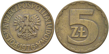 Польша 5 злотых 1976 монетный двор Ленинград (ЛМД) KM 81.1, Parchimowicz 221b латунь 117-313