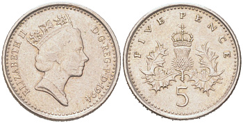 Великобритания 5 пенсов 1994 Елизавета II (1952-2022) KM 937b, Spink D4 медно-никель 4614-821