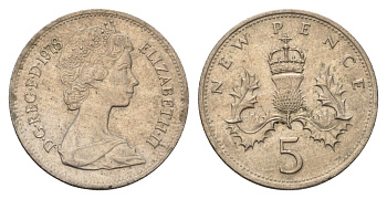 Великобритания 5 пенсов 1978 Елизавета II (1952-2022) KM 911, Spink 4233 (D1) медно-никель 4673-915