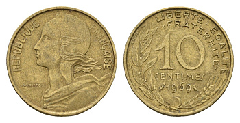 Франция 10 сантимов 1969 KM 929 алюминиевая бронза 4674-562