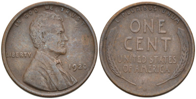 США 1 цент 1920 Линкольн KM 132 бронза 4576-832