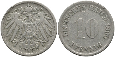 Германия 10 пфеннигов 1890 F KM 12 медно-никель 4171-242