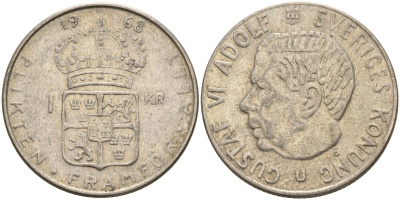 Швеция 1 крона 1968 U, Густав VI Адольф (1950-1973) KM 826 серебро 4150-237