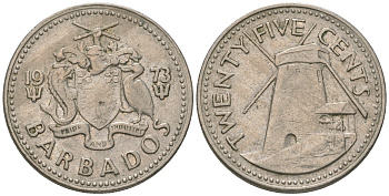 Барбадос 25 центов 1973 ветряная мельница Моргана Льюиса KM 13 медно-никель 4175-1134