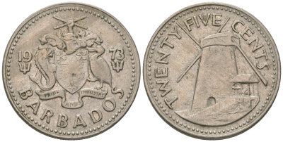 Барбадос 25 центов 1973 ветряная мельница Моргана Льюиса KM 13 медно-никель 4175-1134