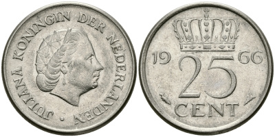 Нидерланды 25 центов 1966 Юлиана (1949-1980) KM 183 никель 96-163