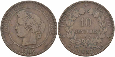 ФРАНЦИЯ 10 САНТИМОВ 1886 A, ТРЕТЬЯ РЕСПУБЛИКА (1871-1940) KM 815.1, LA FRANC 135.30 бронза 97-946