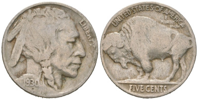 США 5 центов 1930 индеец, бизон KM 134 медно-никель 4614-1141