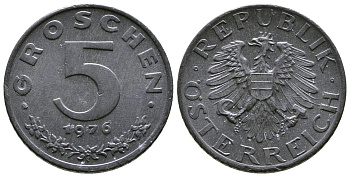 АВСТРИЯ 5 ГРОШЕЙ 1976 KM 2875 цинк UNC 57-1161
