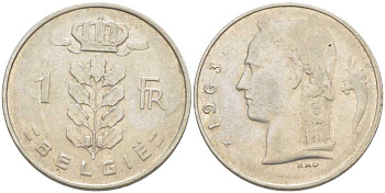 БЕЛЬГИЯ 1 ФРАНК 1963 BELGIE, БОДУЭН I (1951-1993) KM 143.1 медно-никель 213-332