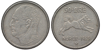 Норвегия 50 эре 1965 Улаф V (1957-1991), собака KM 408 медно-никель 4128-1132