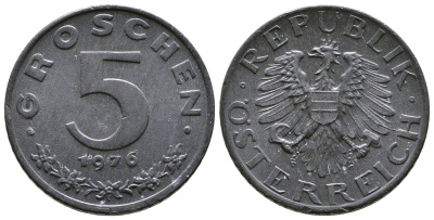 АВСТРИЯ 5 ГРОШЕЙ 1976 KM 2875 цинк UNC 57-1161