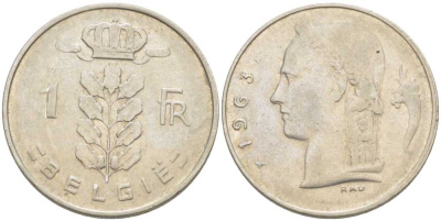 БЕЛЬГИЯ 1 ФРАНК 1963 BELGIE, БОДУЭН I (1951-1993) KM 143.1 медно-никель 213-332