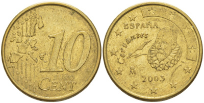 ИСПАНИЯ 10 ЕВРОЦЕНТОВ 2003 KM 1043 латунь 4543-326