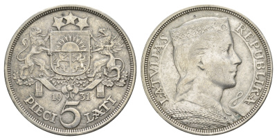 Латвия 5 латов 1931 девушка KM 9 серебро 443-1111