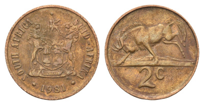 ЮАР 2 цента 1981 герб, антилопа гну KM 83 бронза 4605-1116