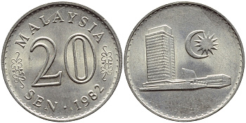 Малайзия 20 сенов 1982 здание Парламента KM 4 медно-никель UNC 4395-715