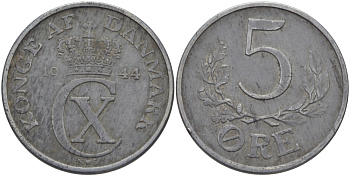 ДАНИЯ 5 ЭРЕ 1944 N; S, КРИСТИАН X (1912-1947) KM 834a цинк 97-1143