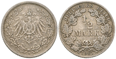 Германия 1/2 марки 1907 A, Вильгельм II (1888-1918) KM 17 серебро 100-631
