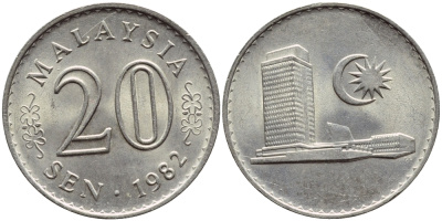 Малайзия 20 сенов 1982 здание Парламента KM 4 медно-никель UNC 4395-715